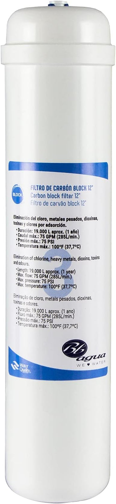 Filtro de Carbón Block Inline de 12 pulgadas con Conexión Rápida para Sistemas de Purificación de Agua - Elimina Impurezas y Contaminantes, Garantizando un Agua Pura y Saludable. Bbagua.